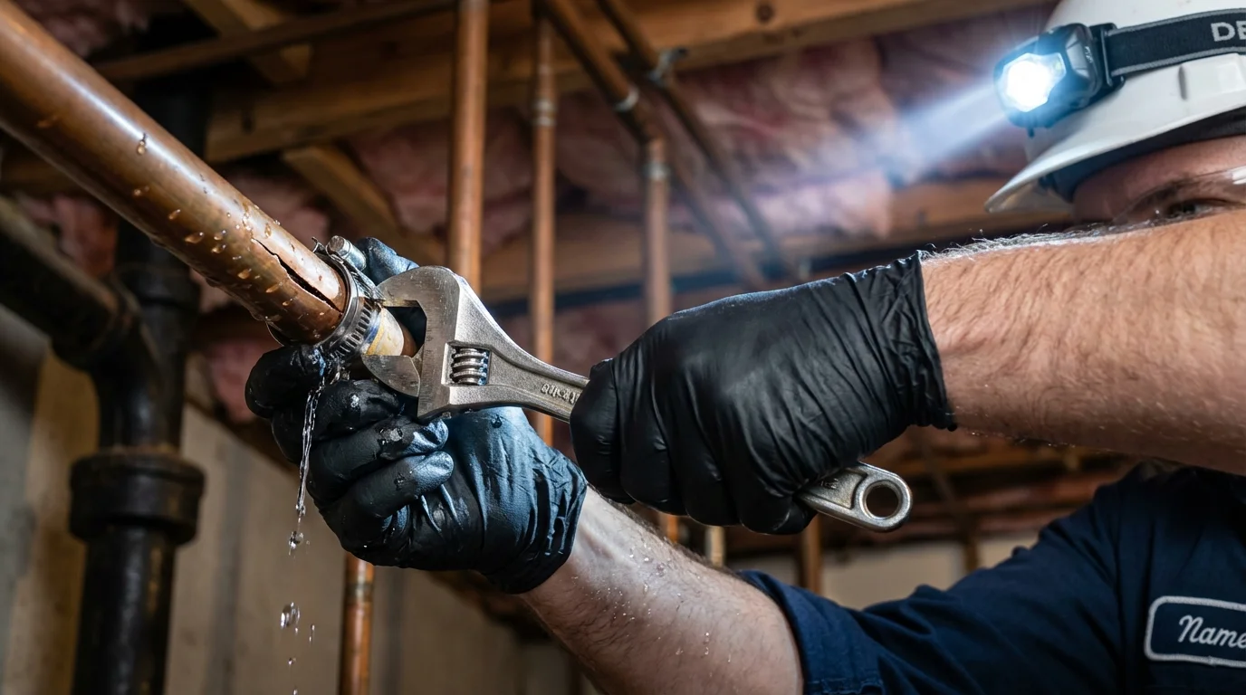Emergency pipe clamp repair being performed by a Johns Plumbing LLC plumber in Baytown